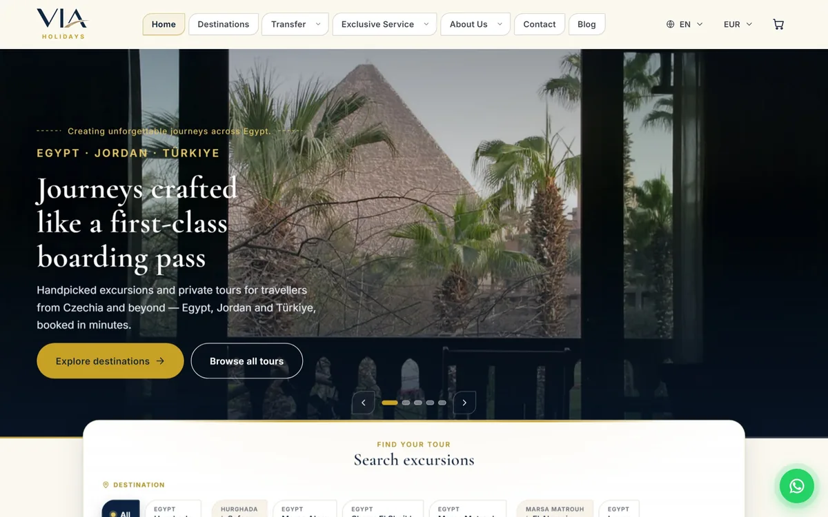 VIA Holidays homepage showing Egypt travel journeys and tour search